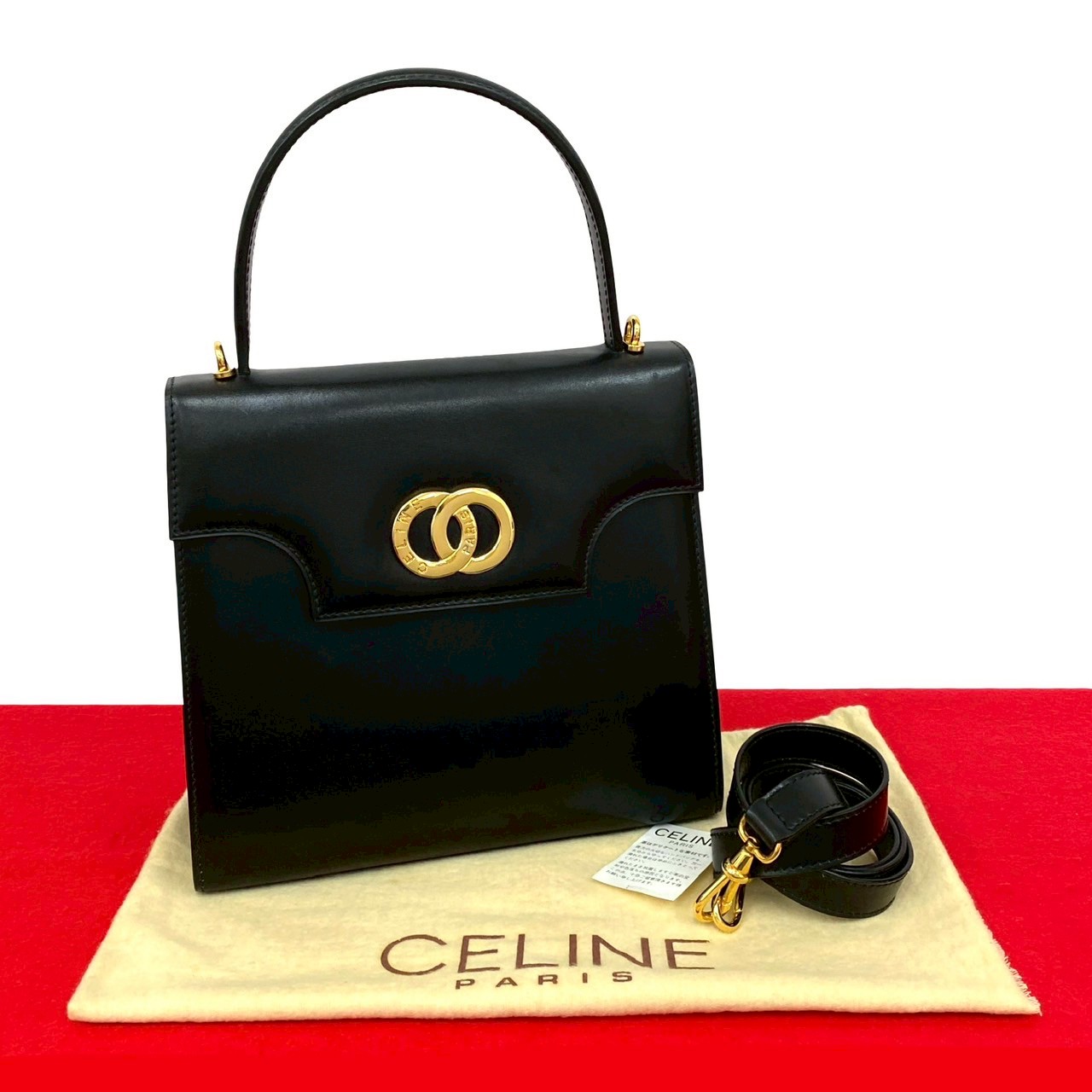 【尖んがり2倍】極 美品 袋付き添い人 CELINE セリーヌ ヴィンテージ 倶楽部 ロゴタイプ 金具 なめし革 2way ハンドバック ショルダーバッグ 黒いこと 黒 227-3【貨物輸送無料】【中古】
