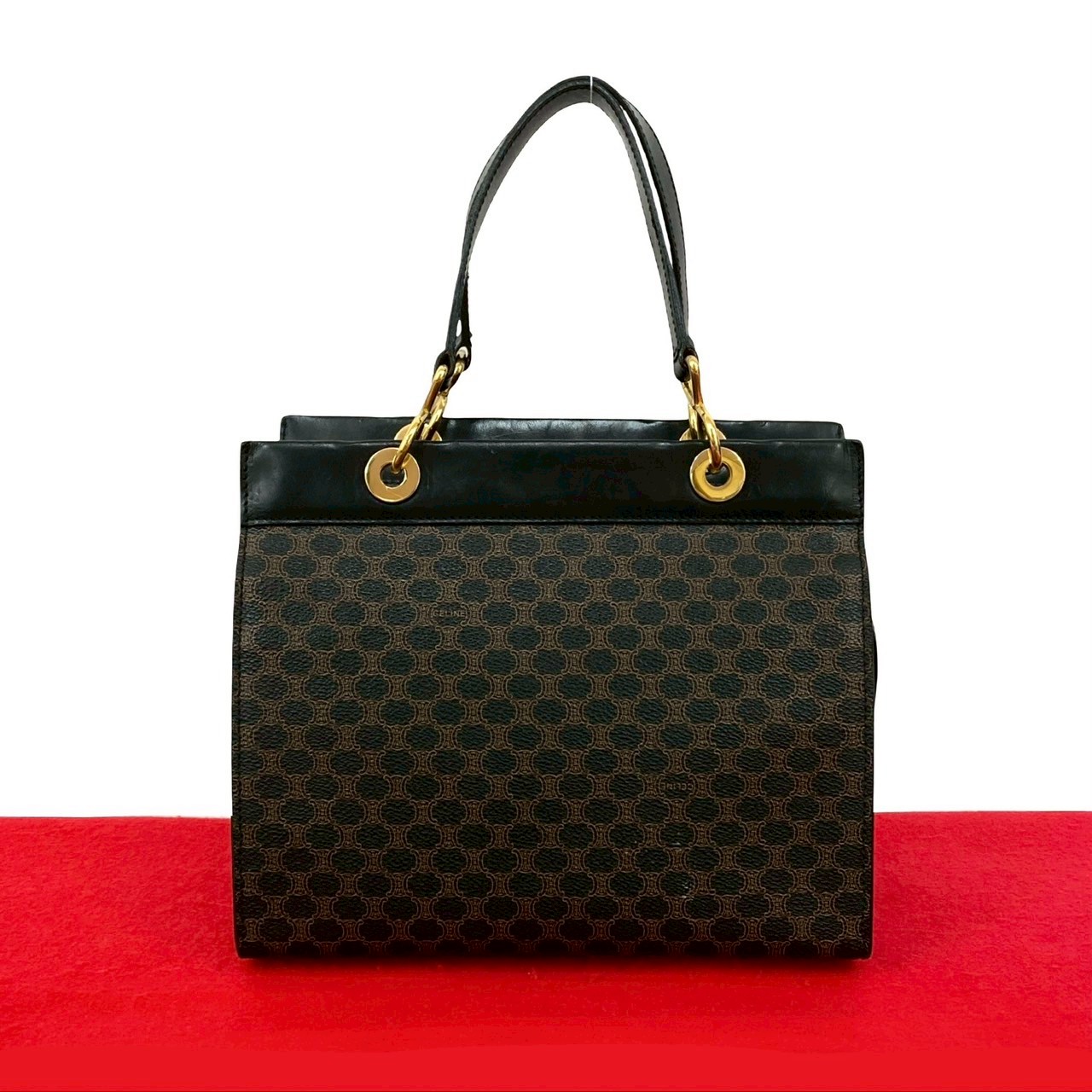 【ポイント2倍】極 美品 CELINE セリーヌ ヴィンテージ マカダム ブラゾン 柄 レザー 本革 ハンドバッグ ミニ トートバッグ ブラック ブラウン 31523【送料無料】【中古】