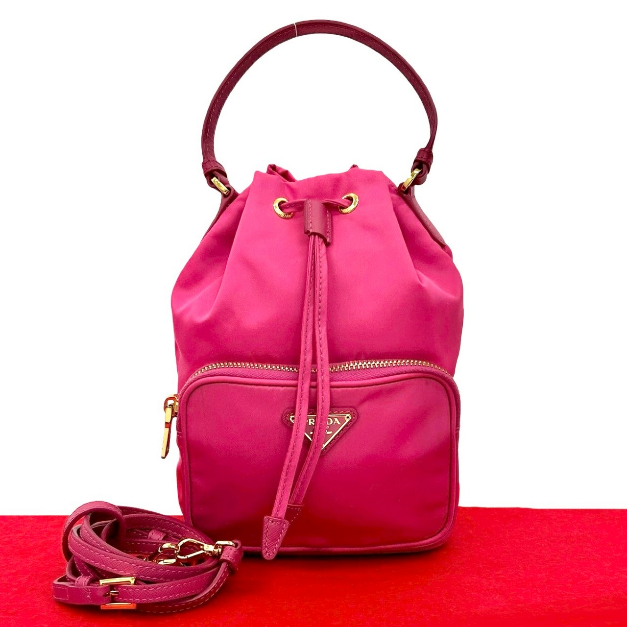 【尖んがり2倍】ほぼ未当て嵌める PRADA プラダ 二重奏 ３角形ロゴタイプ 金具 テスート ナイロン なめし革 2way ミニ ショルダーバッグ ハンドバック さくら色 56149【貨物輸送無料】【中古】