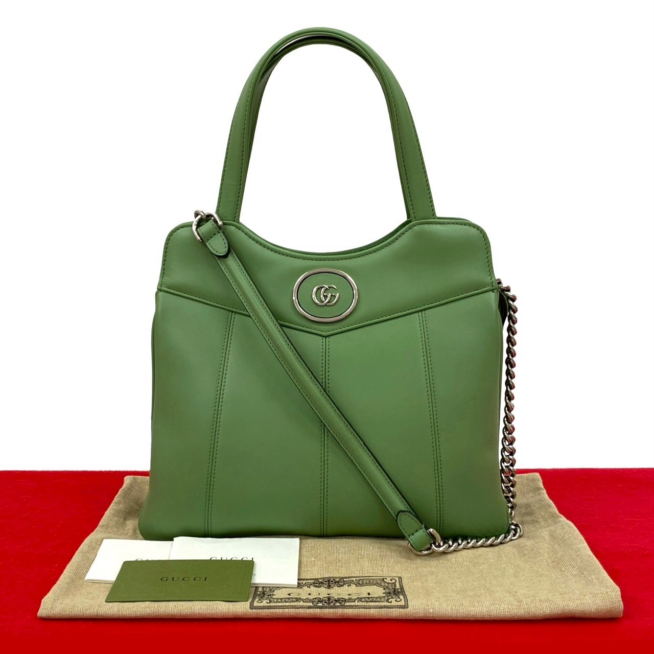 【ポイント2倍】ほぼ未使用 袋付き GUCCI グッチ スモール プチ GG ロゴ 金具 レザー 本革 2way ハンドバッグ ショルダーバッグ グリーン 3807b【送料無料】【中古】