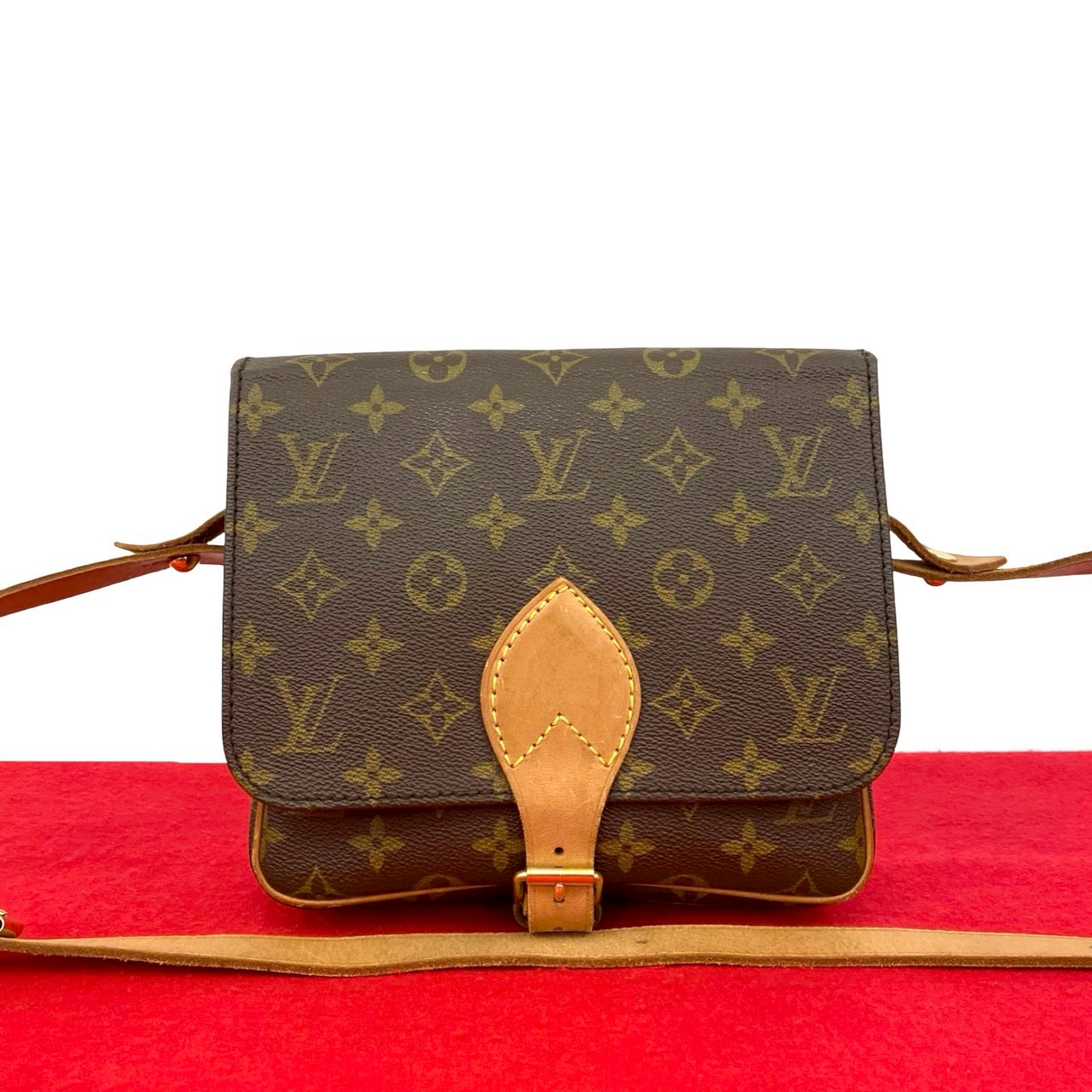 【尖んがり2倍】極 美品 LOUIS VUITTON ルイヴィトン ヴィンテージ カルトシエール モノグラム なめし革 ショルダーバッグ ポシェット 赤銅色 42061【貨物輸送無料】【中古】