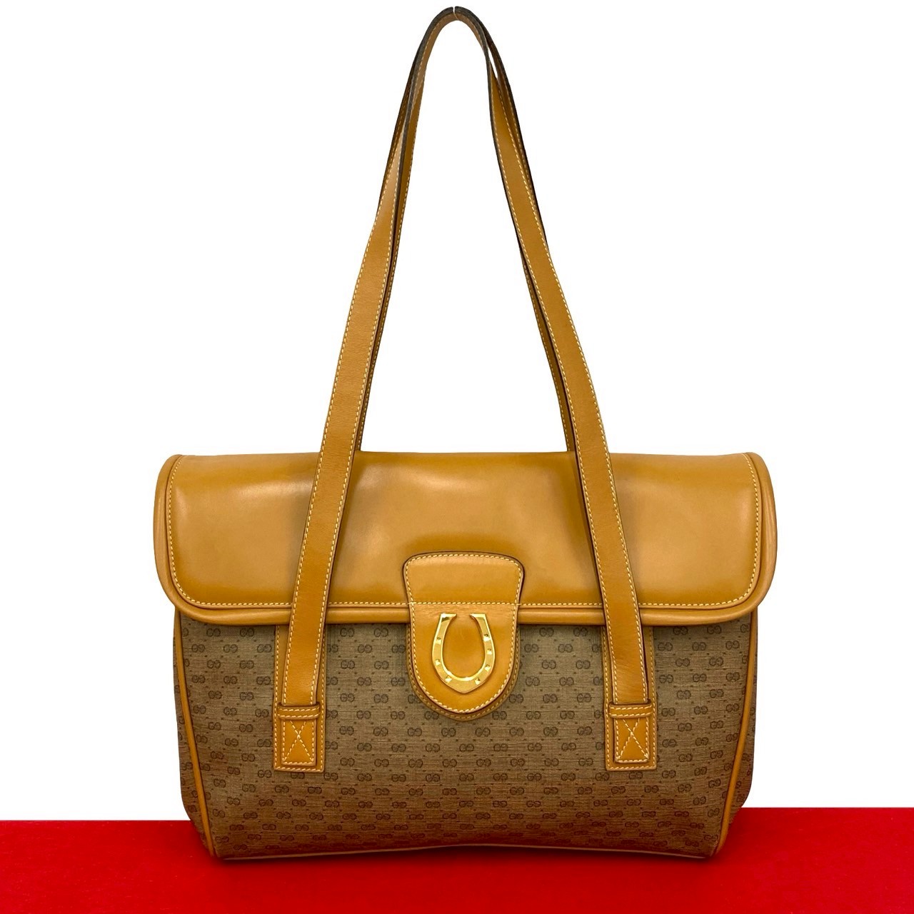 【尖んがり2倍】極 美品 GUCCI グッチ 年寄りのグッチ マイクロGG 馬沓 金具 なめし革 虚蝉 ショルダーバッグ トートバッグ 赤銅色 802-7【貨物輸送無料】【中古】