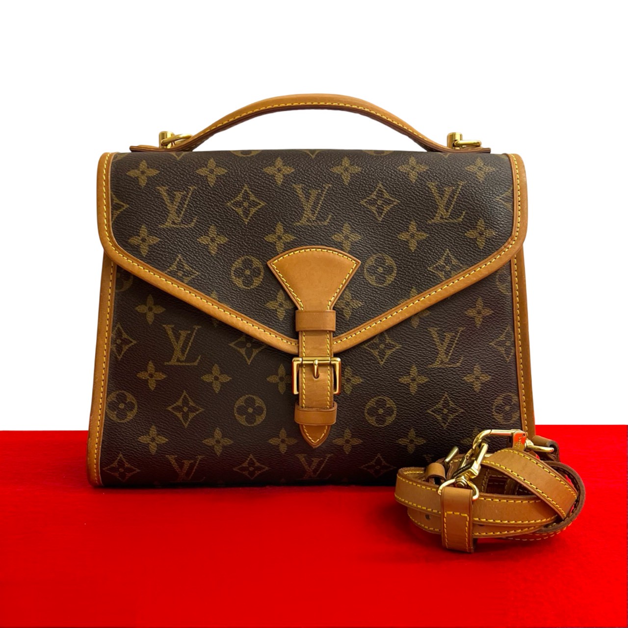 【尖んがり2倍】極 美品 LOUIS VUITTON ルイヴィトン ヴィンテージ 呼びりんエア湖 モノグラム なめし革 2way ハンドバック ショルダーバッグ 赤銅色 27817【貨物輸送無料】【中古】