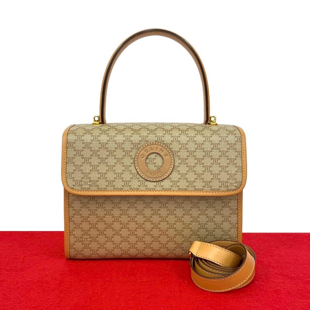 【ポイント2倍】極 美品 CELINE セリーヌ ヴィンテージ マカダム 柄 サークル ロゴ レザー 本革 2way ハンドバッグ ショルダーバッグ ベージュ 06863【送料無料】【中古】