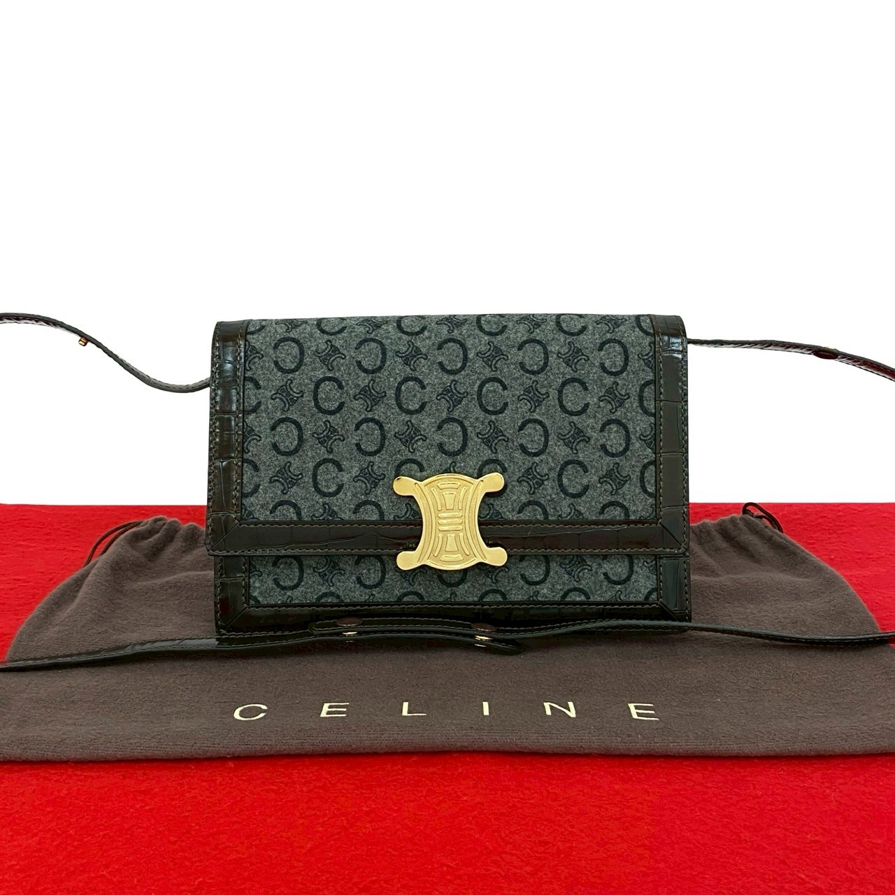 【ポイント2倍】極 美品 袋付 ELINE セリーヌ ヴィンテージ Cマカダム ロゴ 金具 ウール レザー 本革 ショルダーバッグ ポシェット ブラウン グレー 10327【送料無料】【中古】