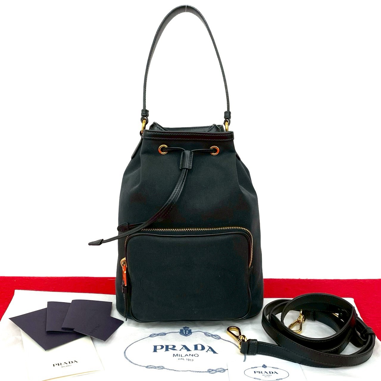 【尖んがり2倍】ほぼ未当て嵌める 保護すること袋付き添い人 PRADA プラダ ロゴタイプ 帆布 なめし革 本革 合切袋 2way ハンドバック ミニ ショルダーバッグ 黒いこと  11359【貨物輸送無料】【中古】