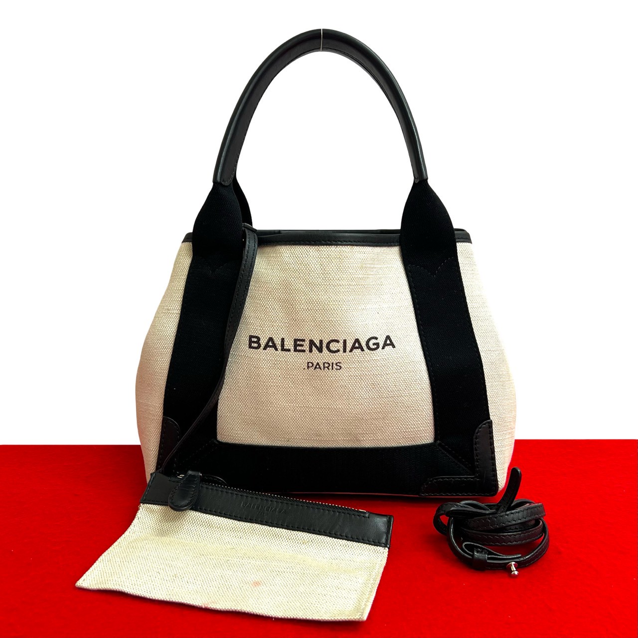 【尖んがり2倍】極 美品 BALENCIAGA バレンシアガ ネイビーカバス S 帆布 なめし革 2way ショルダーバッグ ハンドバック 象牙色 黒いこと 39121【貨物輸送無料】【中古】