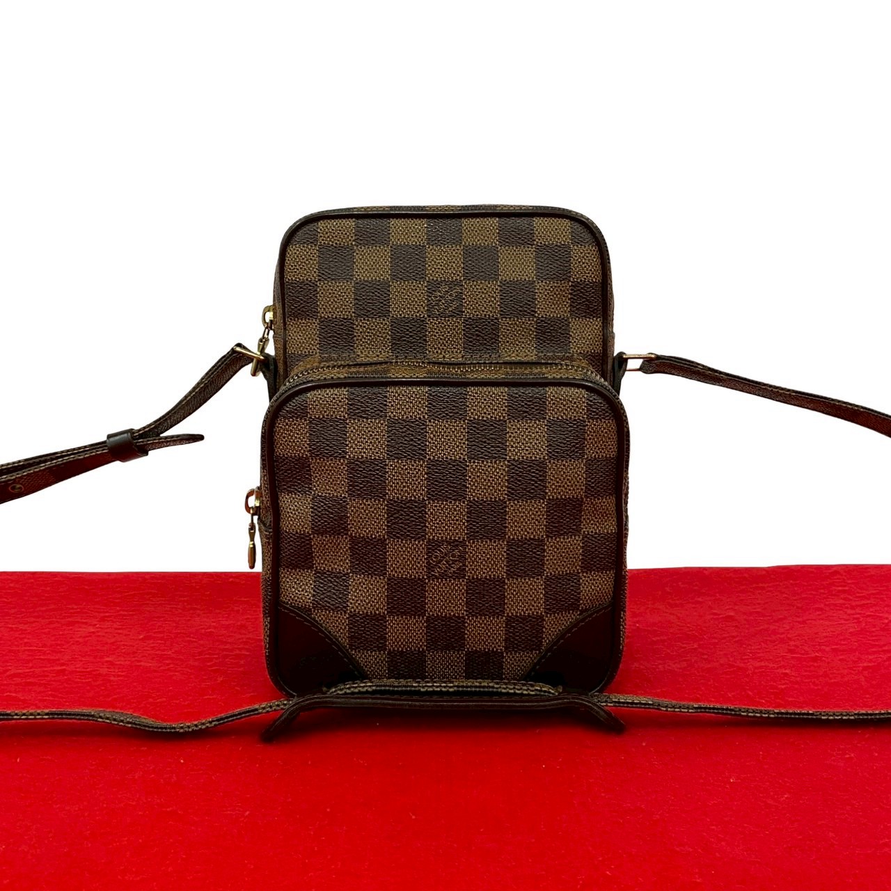 【尖んがり2倍】極 美品 LOUIS VUITTON ルイヴィトン ヴィンテージ アマゾン ダミエ なめし革 ミニ ショルダーバッグ ポシェット サコッシュ 赤銅色 21844 【貨物輸送無料】【中古】