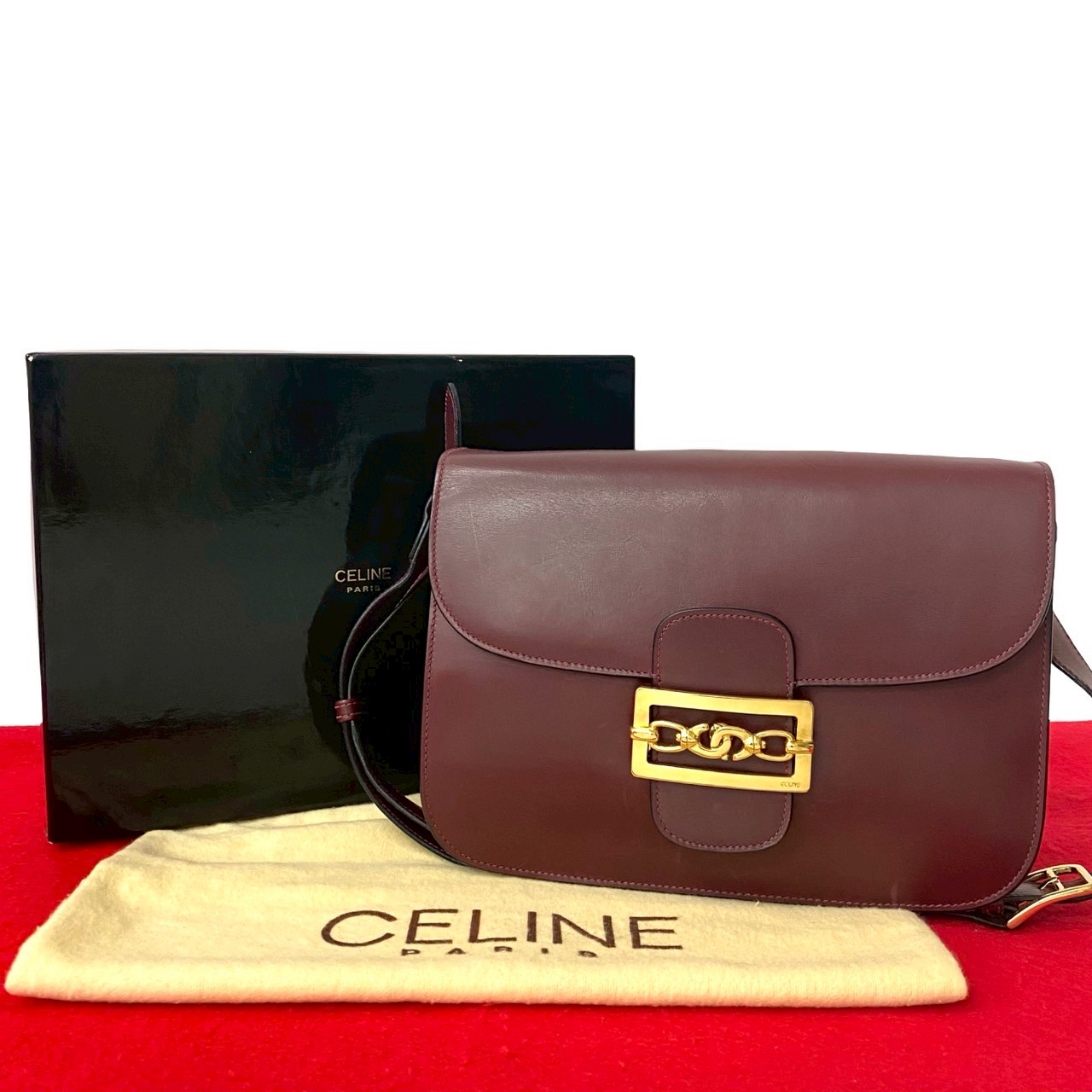 【ポイント2倍】極 美品 保存箱 袋付き CELINE セリーヌ ヴィンテージ ロゴ 金具 カーフ レザー 本革 セミ ワン ショルダーバッグ ボルドー 35930【送料無料】【中古】