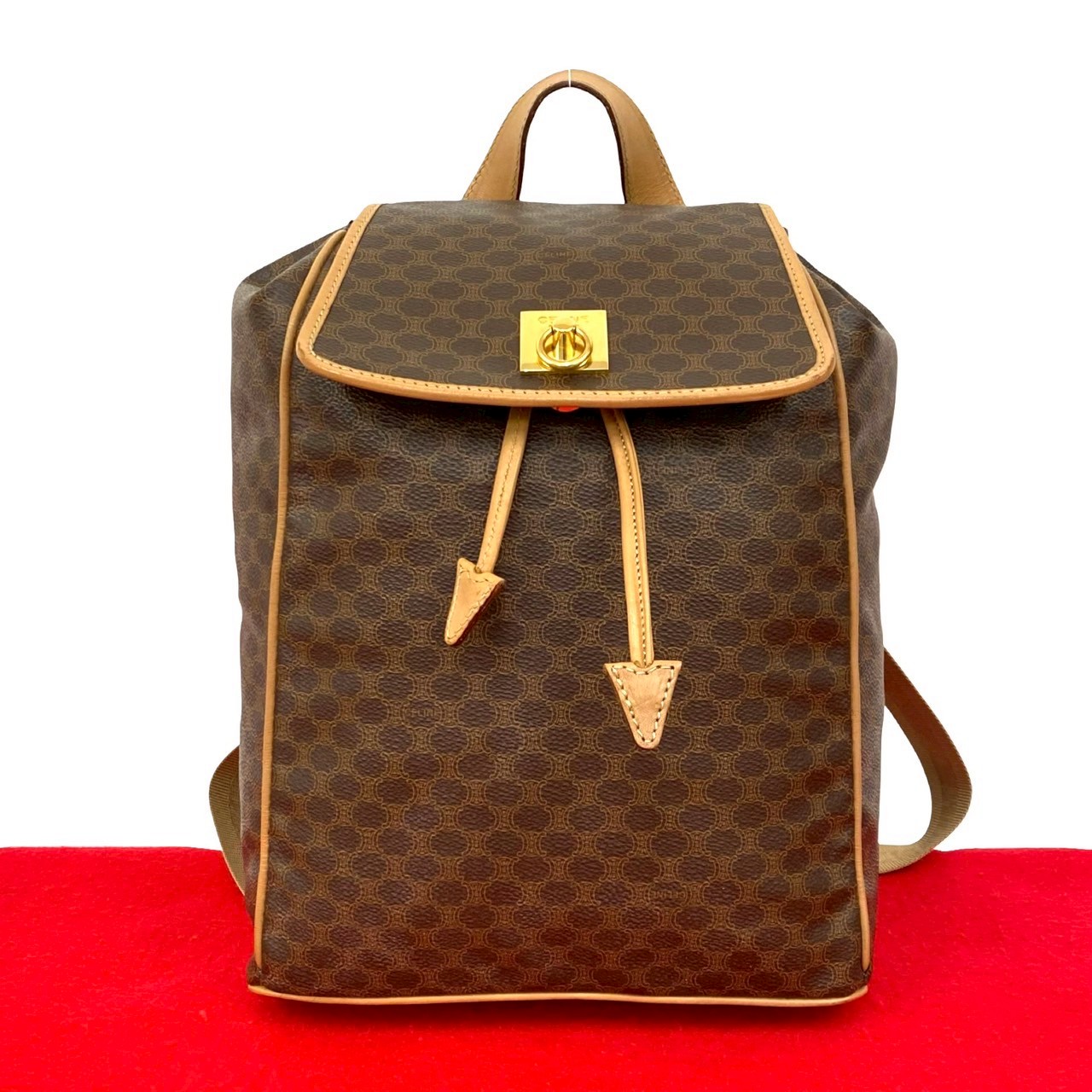 【尖んがり2倍】極 美品 CELINE セリーヌ ヴィンテージ マカダム ブラゾン 柄 輪っか 金具 なめし革 本革 背嚢 うしろ側容器に並べる 赤銅色 06525【貨物輸送無料】【中古】