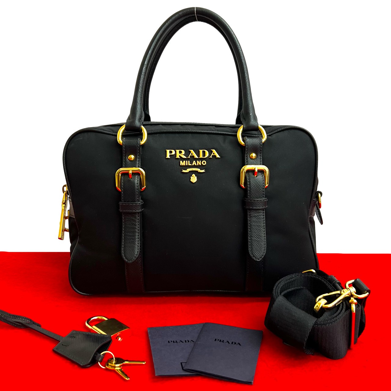 【尖んがり2倍】極 美品 鍵付き添い人 PRADA プラダ ロゴタイプ 金具 ナイロン サフィアーノ なめし革 本革 2way ハンドバック ショルダーバッグ 黒いこと 31974【貨物輸送無料】【中古】