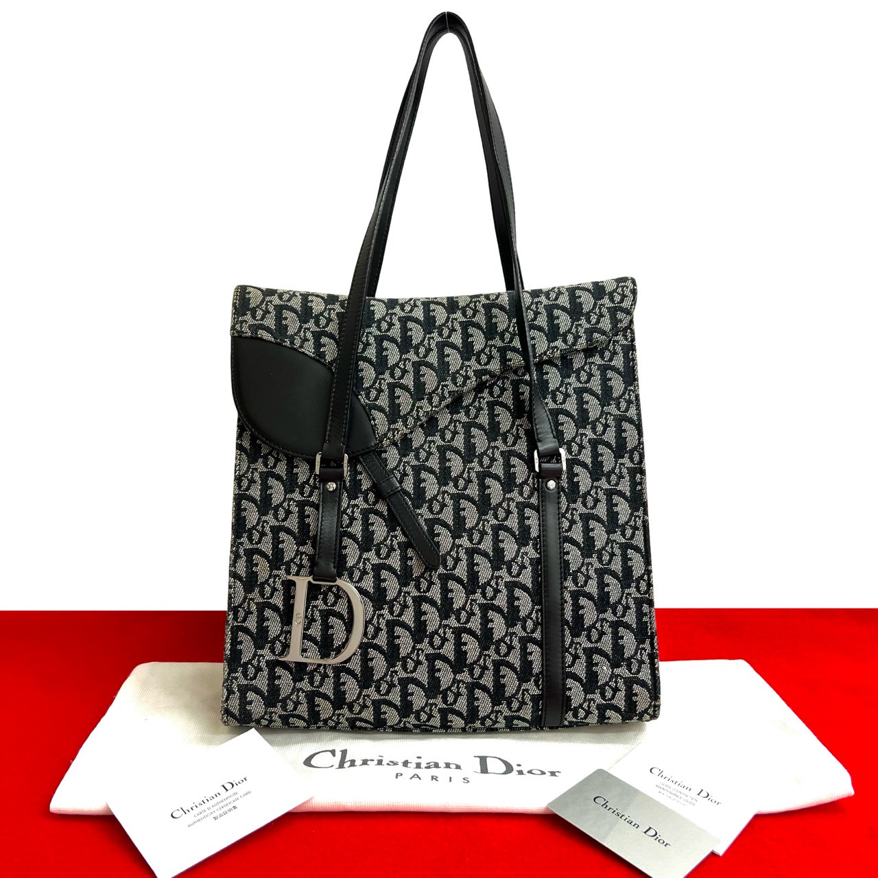 【ポイント2倍】極 美品 袋付き Christian Dior ディオール トロッター 柄 サドル フラップ キャンバス レザー 本革 トートバッグ ブラック 23945【送料無料】【中古】