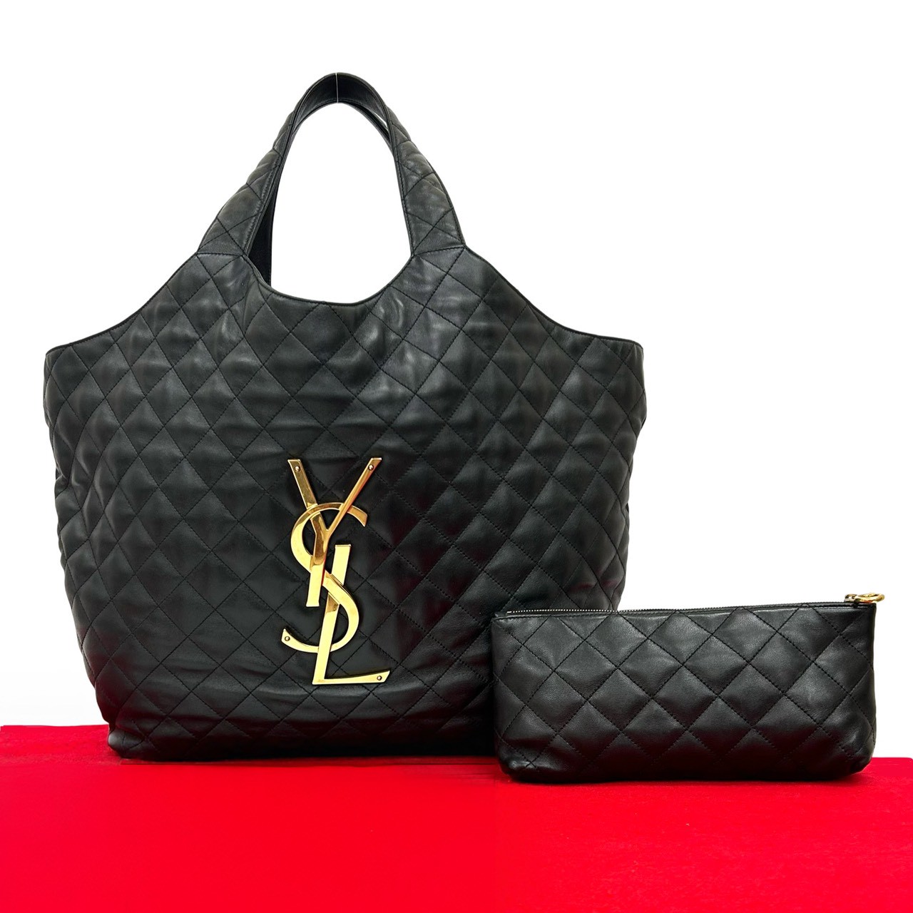 【尖んがり2倍】ほぼ未当て嵌める SAINT LAURENT PARIS サンローランパリ イカール YSL ロゴタイプ 金具 キルティング なめし革 本革 トートバッグ 黒いこと  37391【貨物輸送無料】【中古】