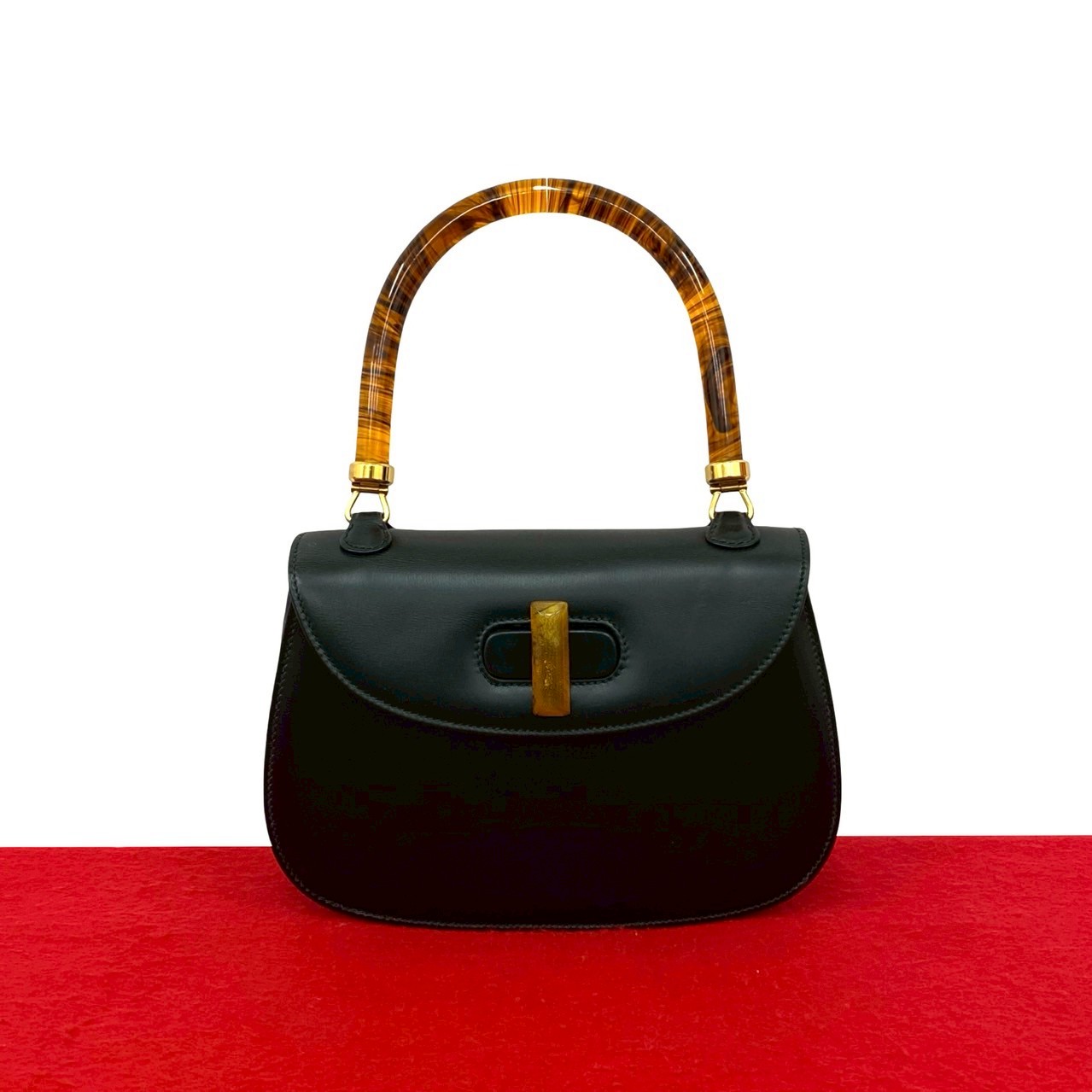 【ポイント2倍】極 美品 GUCCI グッチ オールドグッチ ヴィンテージ ターンロック カーフレザー 本革 ハンドバッグ トートバッグ ブラック 41018【送料無料】【中古】