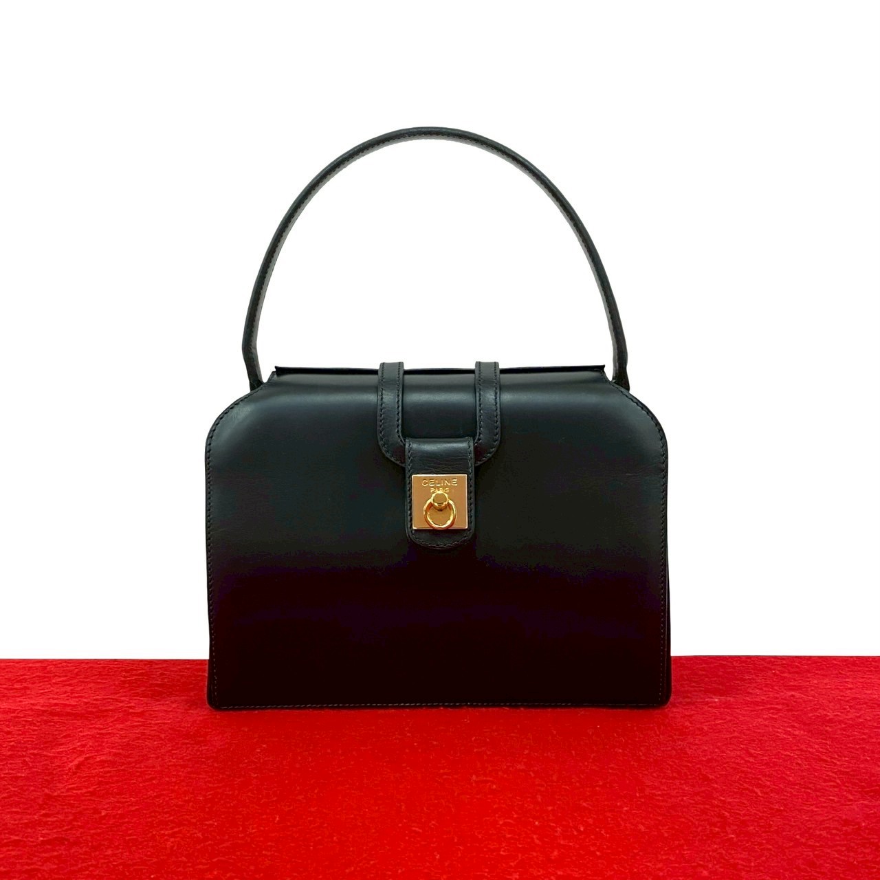 【ポイント2倍】極 美品 CELINE セリーヌ ヴィンテージ ロゴ リング金具 カーフ レザー 本革 ハンドバッグ ミニ ボストンバッグ ブラック 黒 79342【送料無料】【中古】