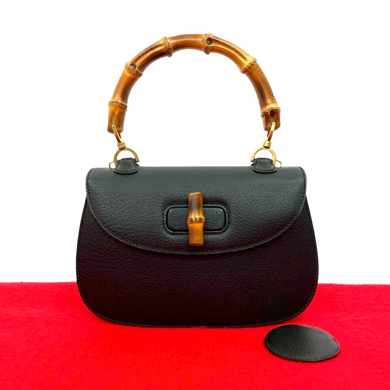 【ポイント2倍】極 美品 ミラー付き GUCCI グッチ オールドグッチ ヴィンテージ バンブー レザー 本革 ターンロック ハンドバッグ ブラック 65731【送料無料】【中古】