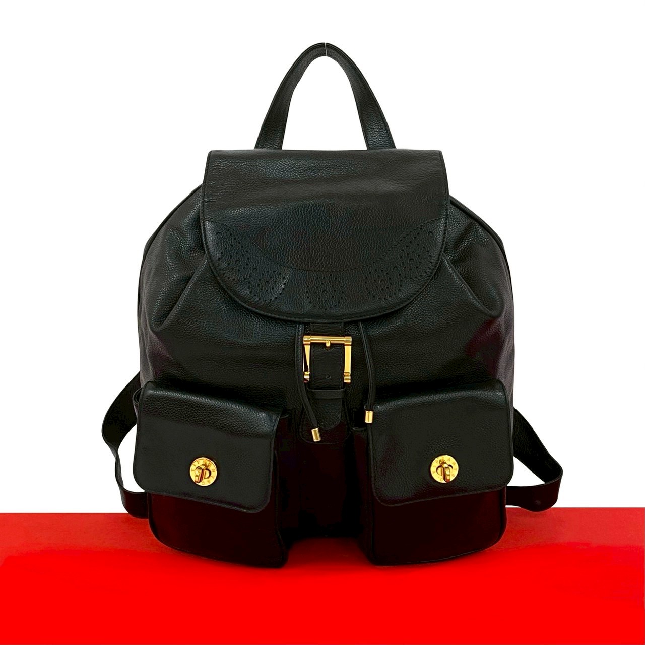 【尖んがり2倍】極 美品 滅多に無い品 TIFFANY\u0026Co. ティファニー ロゴタイプ 金具 パンチング なめし革 本革 合切袋 背嚢 デイパック 黒いこと 黒 27667【貨物輸送無料】【中古】