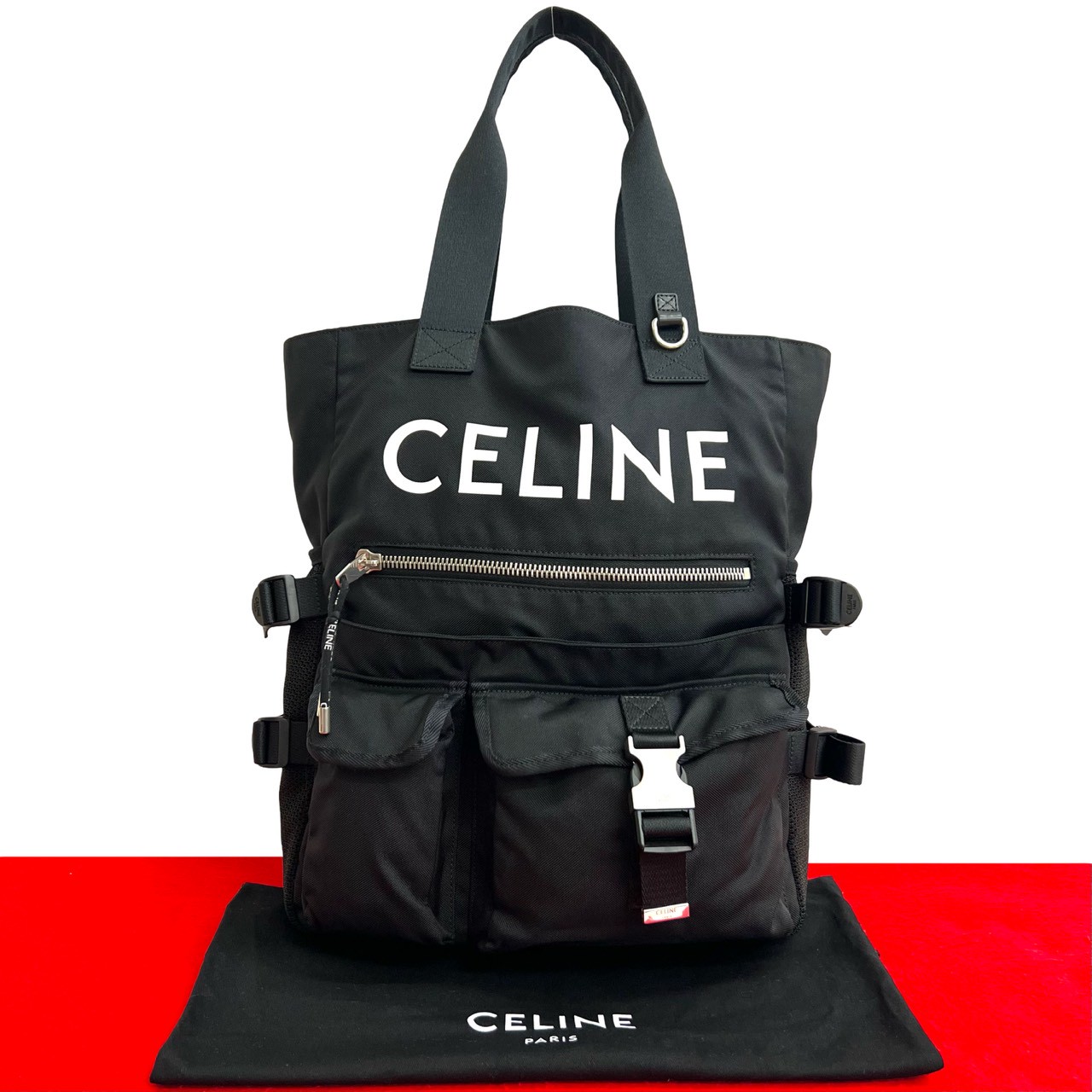 【尖んがり2倍】未当て嵌める庫入れ品 滅多に無い品 袋付き添い人 CELINE セリーヌ ロゴタイプ 刷り上げる ナイロン トートバッグ ハンドバック 虚蝉 ショルダーバッグ 黒いこと 06909【貨物輸送無料】【中古】