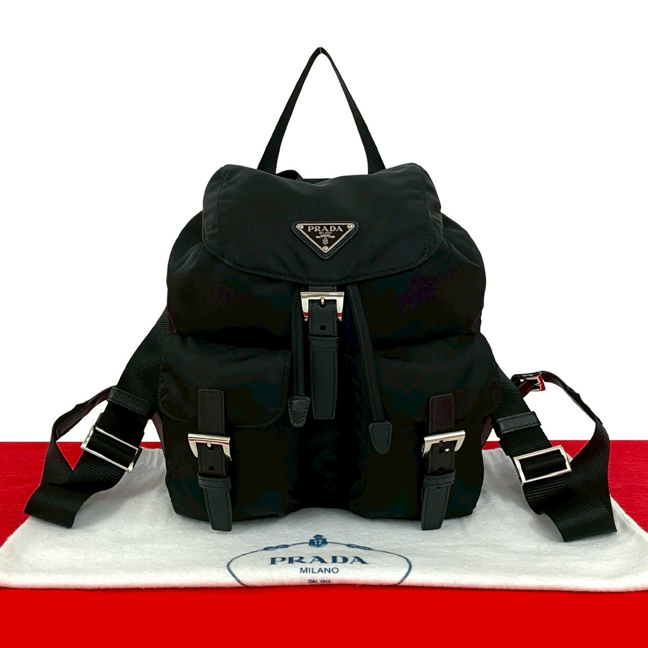 【尖んがり2倍】極 美品 袋付き添い人 PRADA プラダ ３角形ロゴタイプ 金具 テスート ナイロン サフィアーノ なめし革 本革 背嚢 うしろ側容器に並べる 黒いこと 05157【貨物輸送無料】【中古】