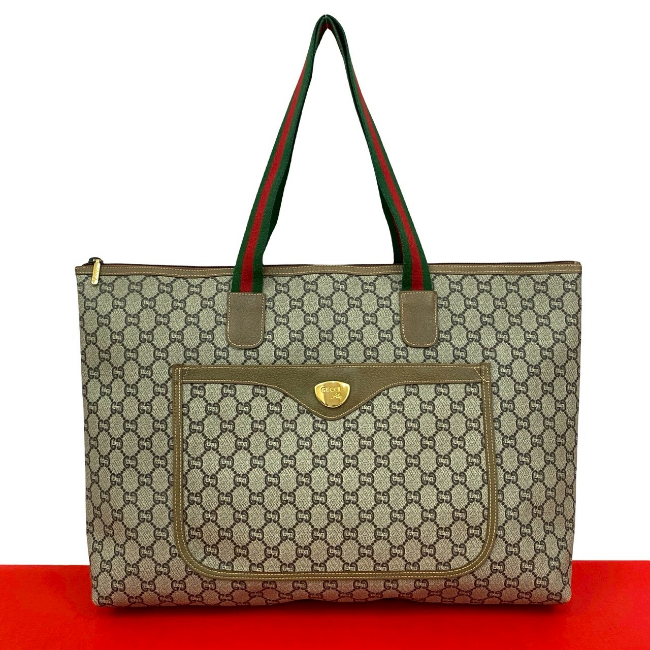 【ポイント2倍】極 美品 GUCCI グッチ オールドグッチ ヴィンテージ シェリーライン グッチプラス ロゴ 金具 レザー トートバッグ ブラウン 81398【送料無料】【中古】
