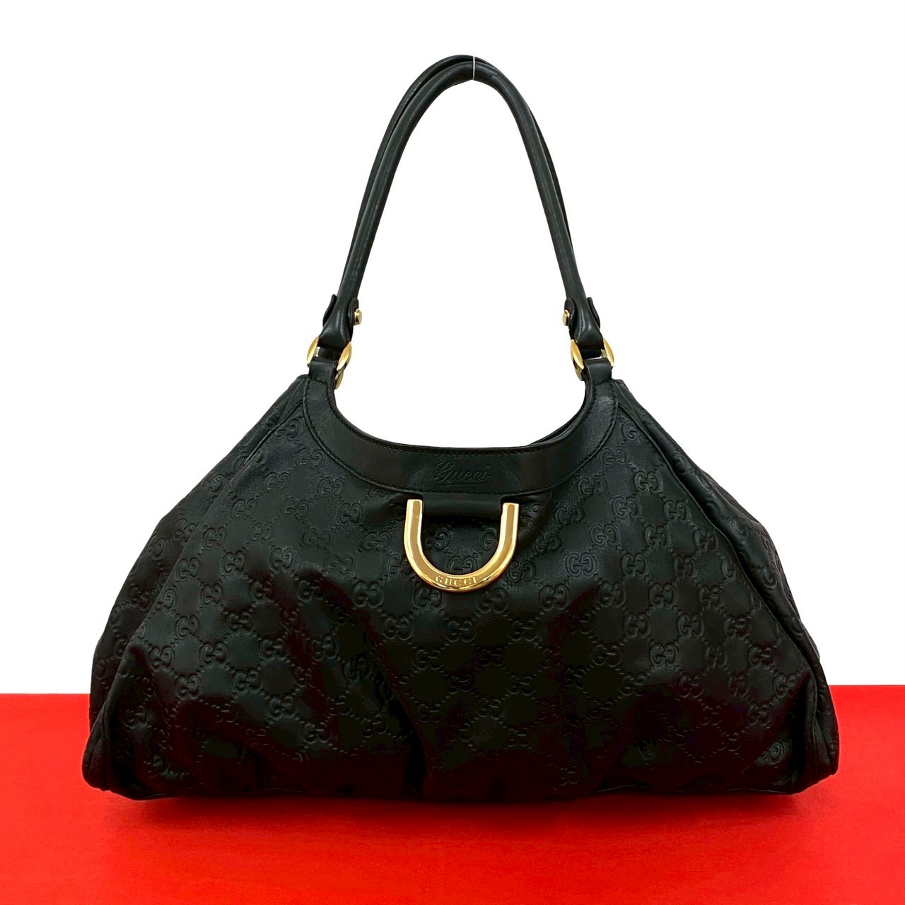 【ポイント2倍】極 美品 GUCCI グッチ シマ ホースシュー 金具 GG 刻印 レザー 本革 トートバッグ セミ ショルダーバッグ ハンドバッグ ブラック 33998【送料無料】【中古】