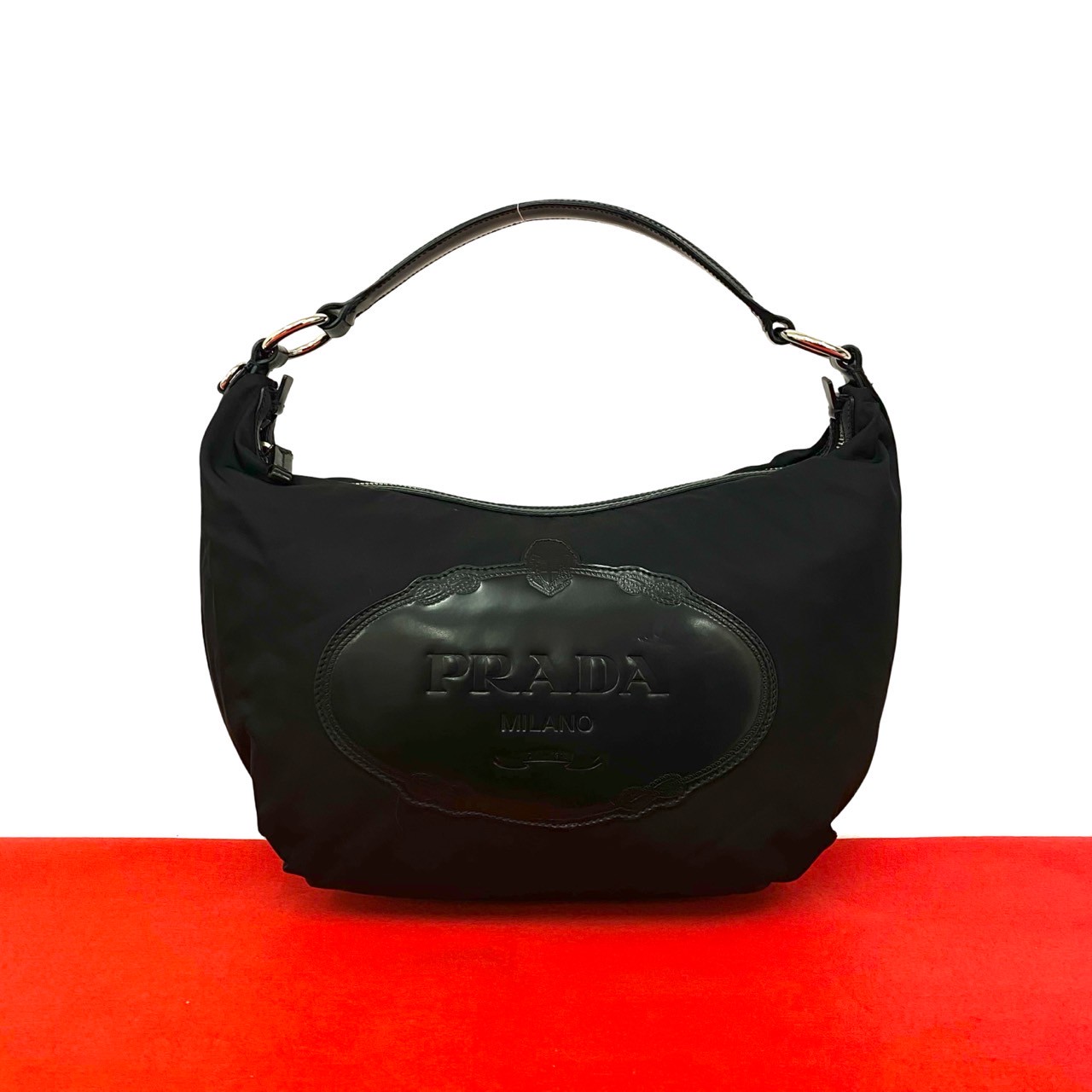 【ポイント2倍】極 美品 PRADA プラダ ロゴ 刻印 ナイロン レザー 本革 セミ ワン ショルダーバッグ トートバッグ ハンドバッグ ブラック 黒 30567【送料無料】【中古】|Trip Vintage