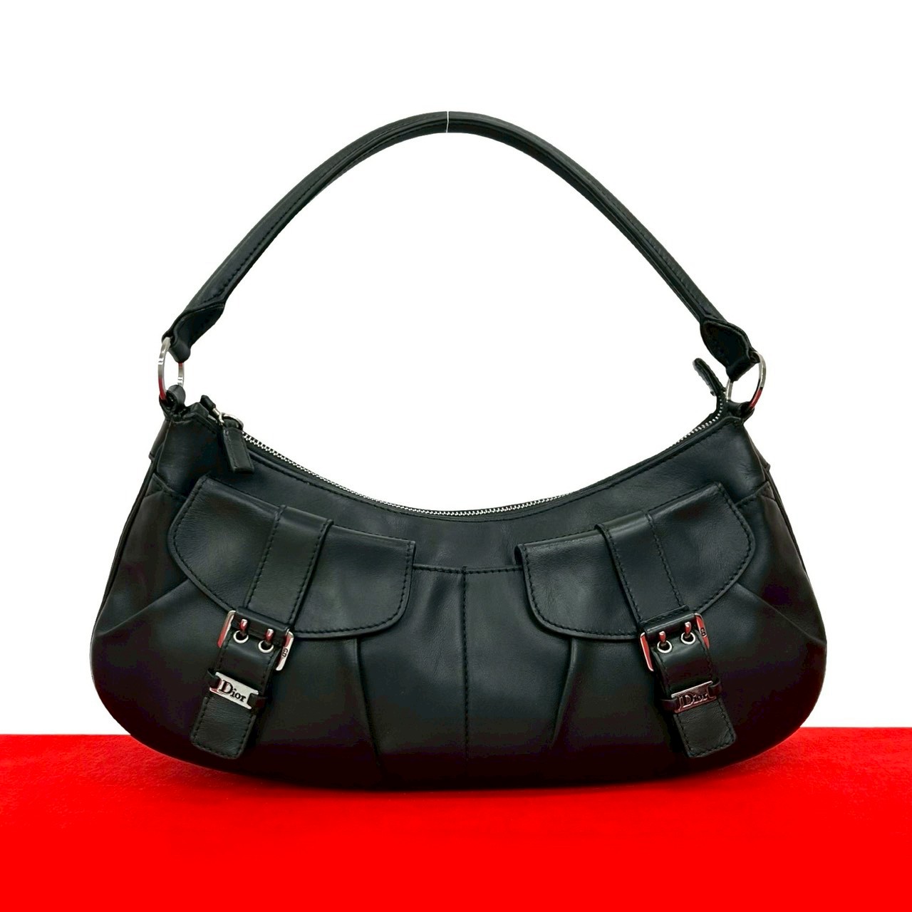 【尖んがり2倍】極 美品 Christian Dior ディオール ロゴタイプ 金具 なめし革 本革 虚蝉 一 ショルダーバッグ ハンドバック 黒いこと 30466【貨物輸送無料】【中古】