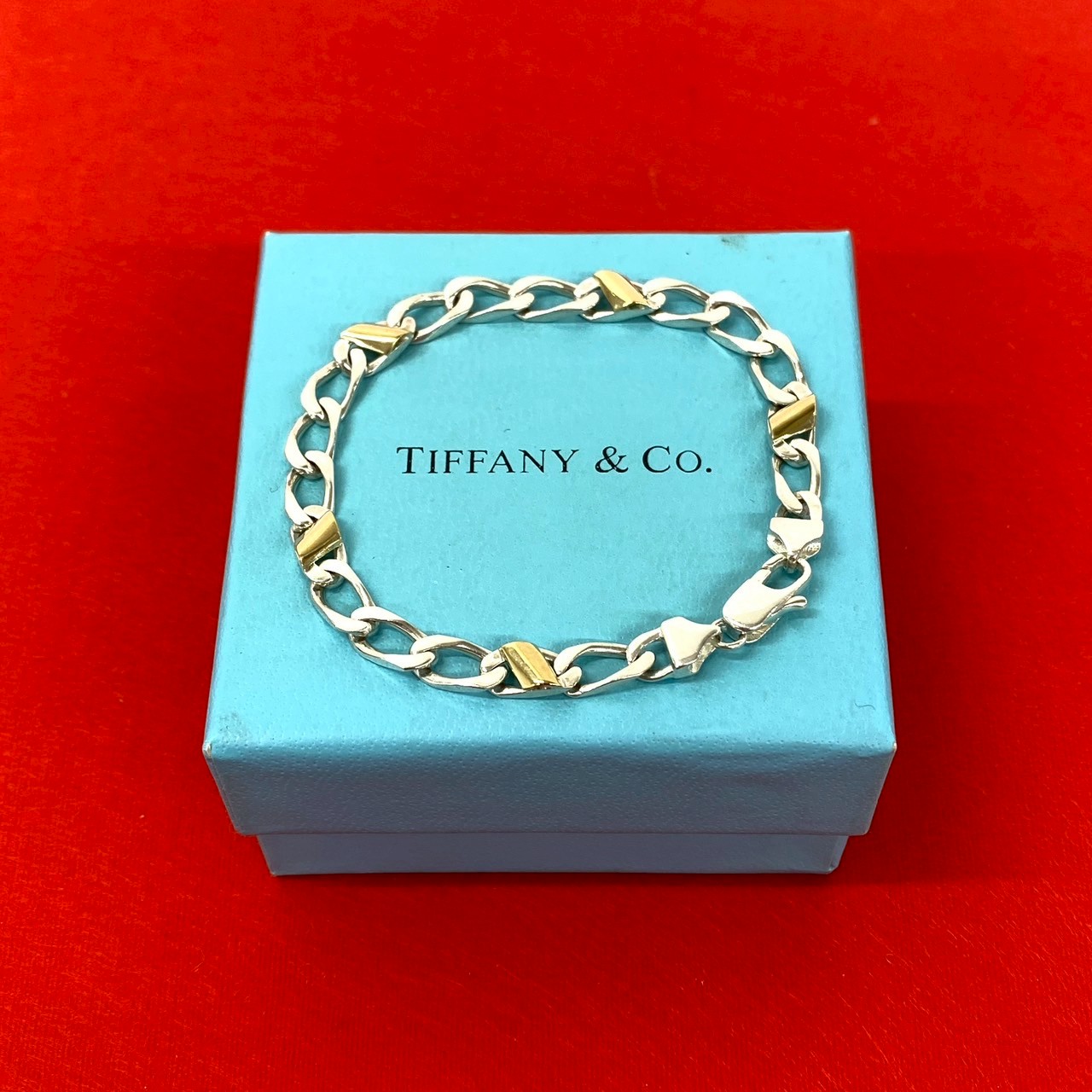 【尖んがり2倍】極 美品 滅多に無い品 TIFFANY\u0026Co. ティファニー フィガロ 腕輪 しろがね色925 K18YG チェーン店 バングル 佩び物 メンズ 25024【貨物輸送無料】【中古】