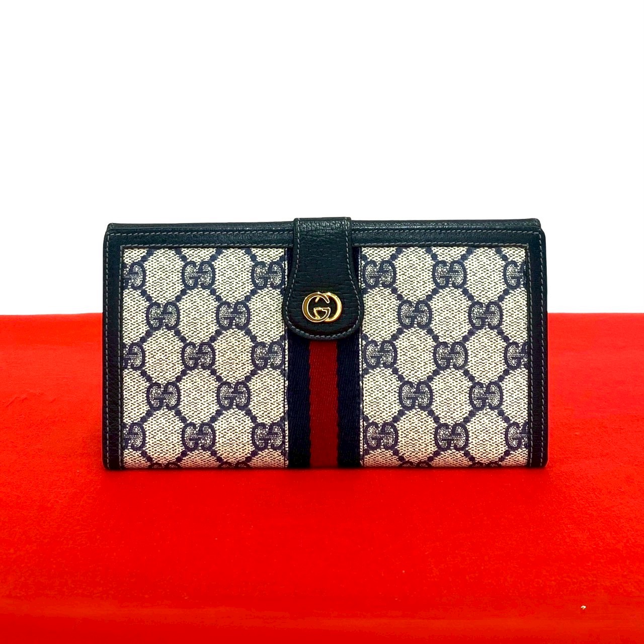 【ポイント2倍】極 美品 GUCCI グッチ オールドグッチ ヴィンテージ シェリーライン GG ロゴ 金具 レザー 二つ折り 長財布 ウォレット ネイビー 34651【送料無料】【中古】