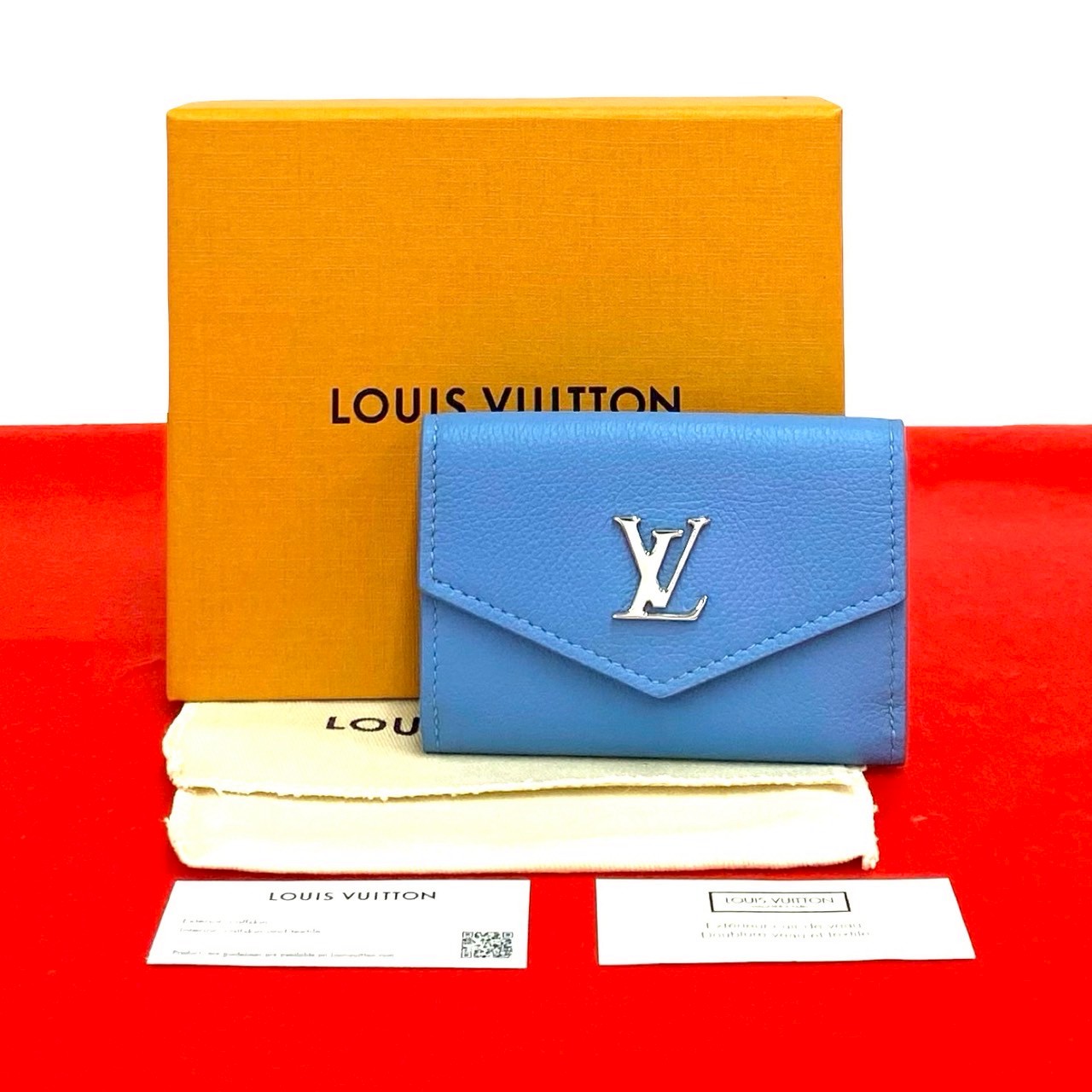 【ポイント2倍】未使用保管品 箱 袋付き LOUIS VUITTON ルイヴィトン ポルトフォイユ ロック ミニ レザー 本革 三つ折り財布 ウォレット ブルー 20248【送料無料】【中古】