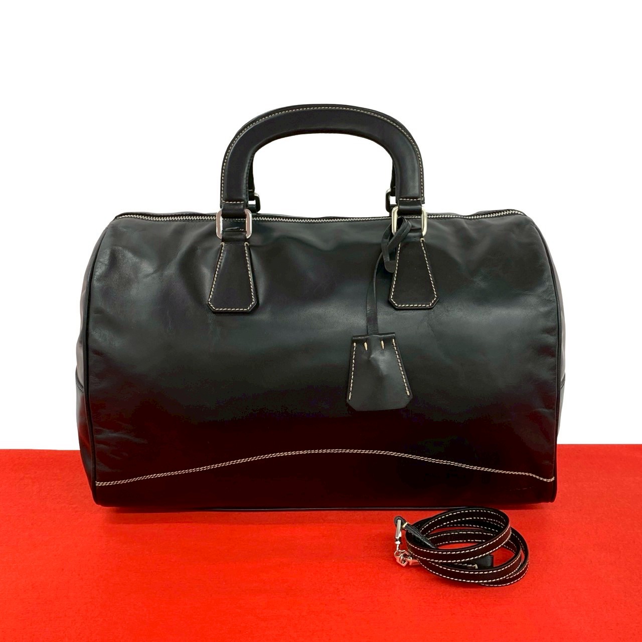 【尖んがり2倍】極 美品 滅多に無い品 PRADA プラダ ロゴタイプ 金具 編み目 なめし革 本革 2way ショルダーバッグ ボストンバッグ ハンドバック 黒いこと 黒 50245【貨物輸送無料】【中古】
