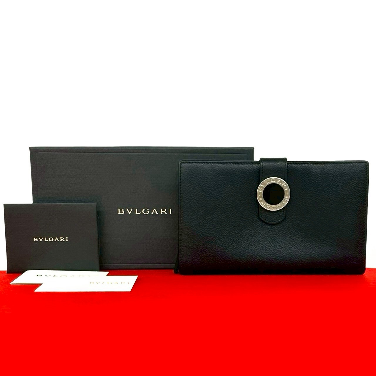 【ポイント2倍】極 美品 箱付き BVLGARI ブルガリ ロゴ 金具 レザー 本革 二つ折り 財布 長財布 ウォレット 札入れ 小銭入れ ブラック 黒 48256【送料無料】【中古】 24,346円