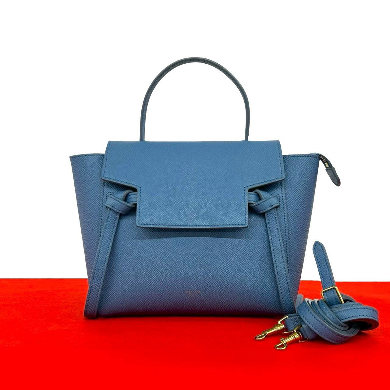【ポイント2倍】極 美品 希少品 CELINE セリーヌ ベルトバッグ ナノ ロゴ レザー 本革 2way ショルダーバッグ ハンドバッグ スレートブルー 52641【送料無料】【中古】