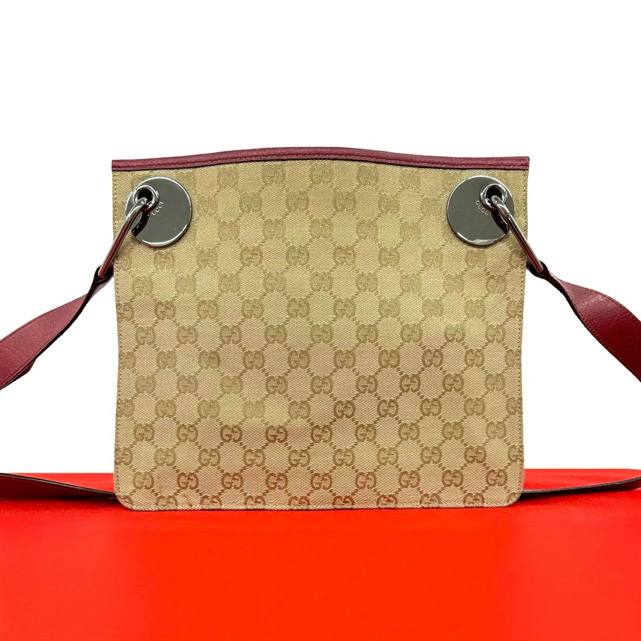 【尖んがり2倍】極 美品 滅多にない品 GUCCI グッチ GG モノグラム 帆布 なめし革 本革 ショルダーバッグ ポシェット サコッシュ ベージュ ボルドーワイン 03674【貨物輸送無料】【中古】