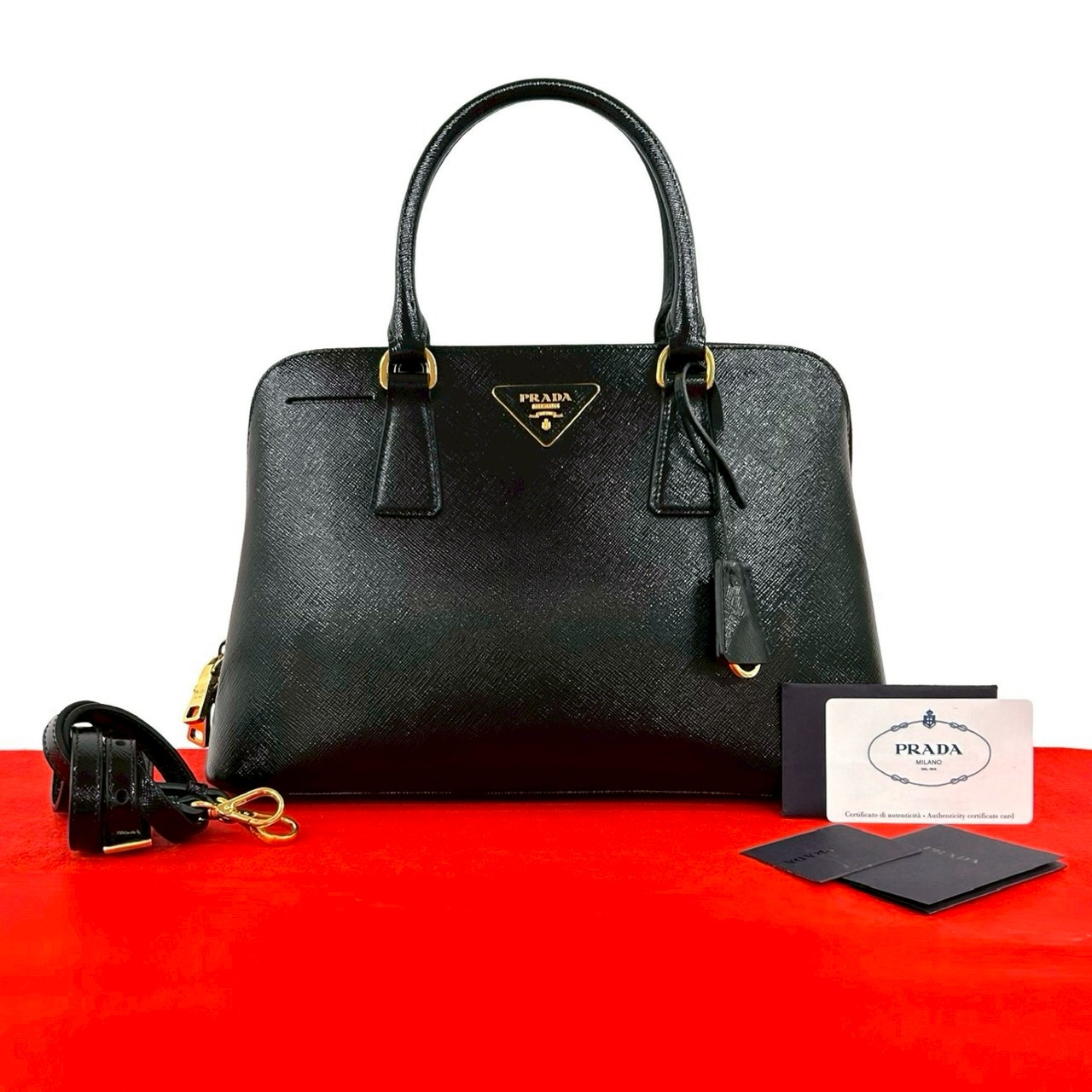 【ポイント2倍】ほぼ未使用 PRADA プラダ 三角ロゴ 金具 サフィアーノヴェルニーチェ レザー エナメル 2way ハンドバッグ ショルダーバッグ ブラック 34372【送料無料】【中古】