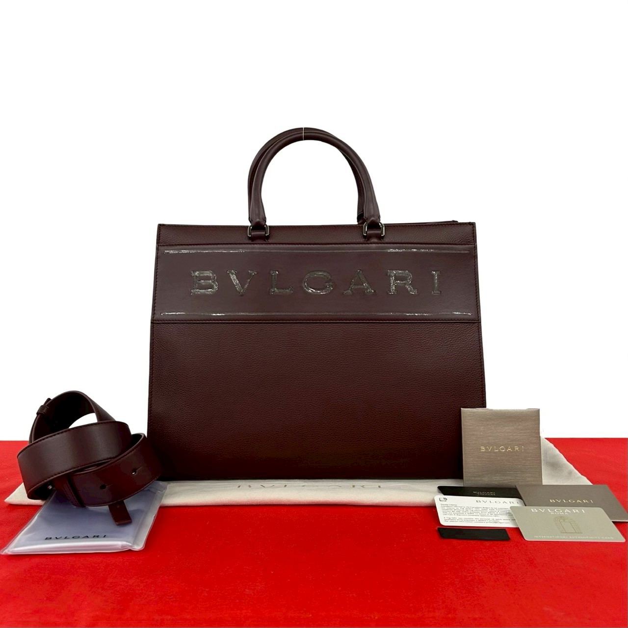 【尖んがり2倍】未当てはめる蔵置き品 袋付 BVLGARI ブル小峡谷 ロゴタイプ トートバッグ なめし革 本革 2way ハンドバック ショルダーバッグ 商行為御徒面子 ボルドーワイン 65717【貨物輸送無料】【中古】