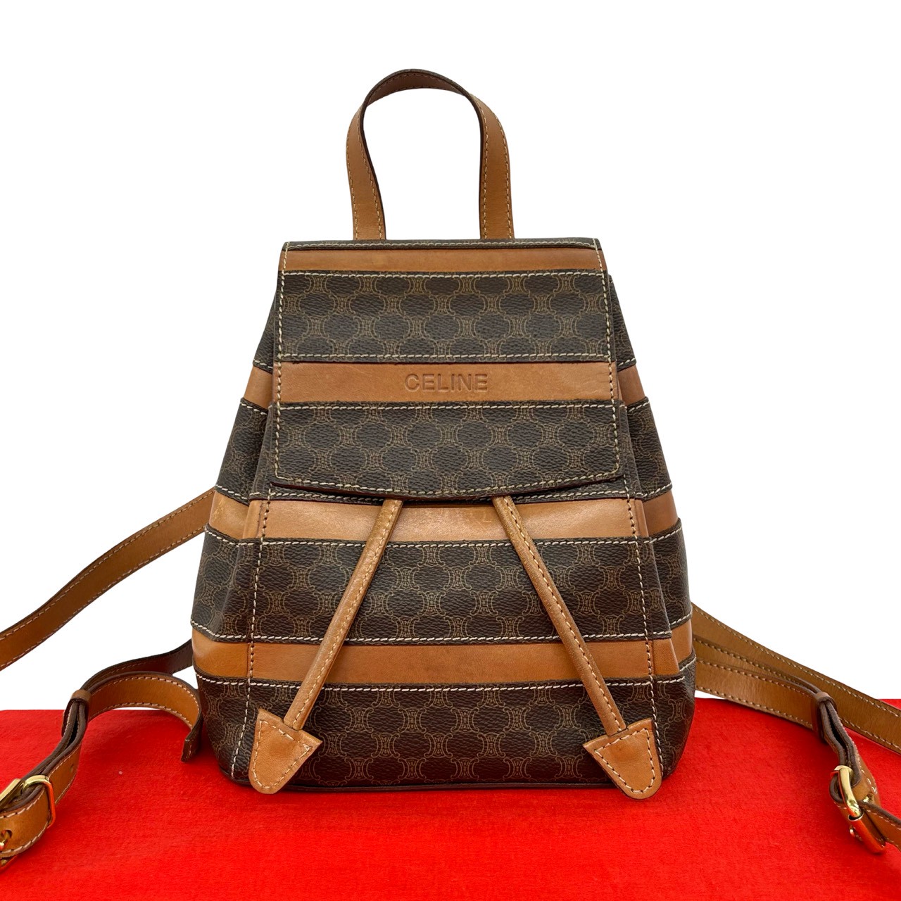 【尖んがり2倍】極 美品 CELINE セリーヌ ヴィンテージ マカダム ブラゾン トリオンフ 柄 なめし革 合切袋 ミニ 背嚢 デイパック 赤銅色 38725【貨物輸送無料】【中古】