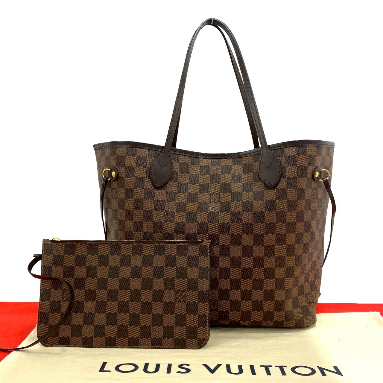 【尖んがり2倍】極 美品 袋付き添い人 LOUIS VUITTON ルイヴィトン ネヴァーフル MM ダミエ なめし革 本革 トートバッグ ハンドバック 赤銅色 茶 29442【貨物輸送無料】【中古】