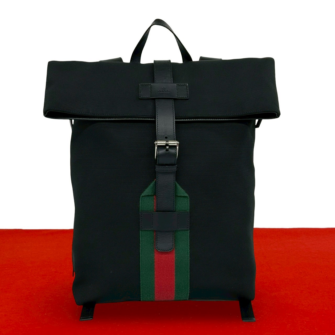 【尖んがり2倍】極 美品 GUCCI グッチ シェリー酒伝達ルート ウェブライン 帆布 なめし革 本革 背嚢 うしろ側容器に並べる デイパック 黒いこと 18341【貨物輸送無料】【中古】