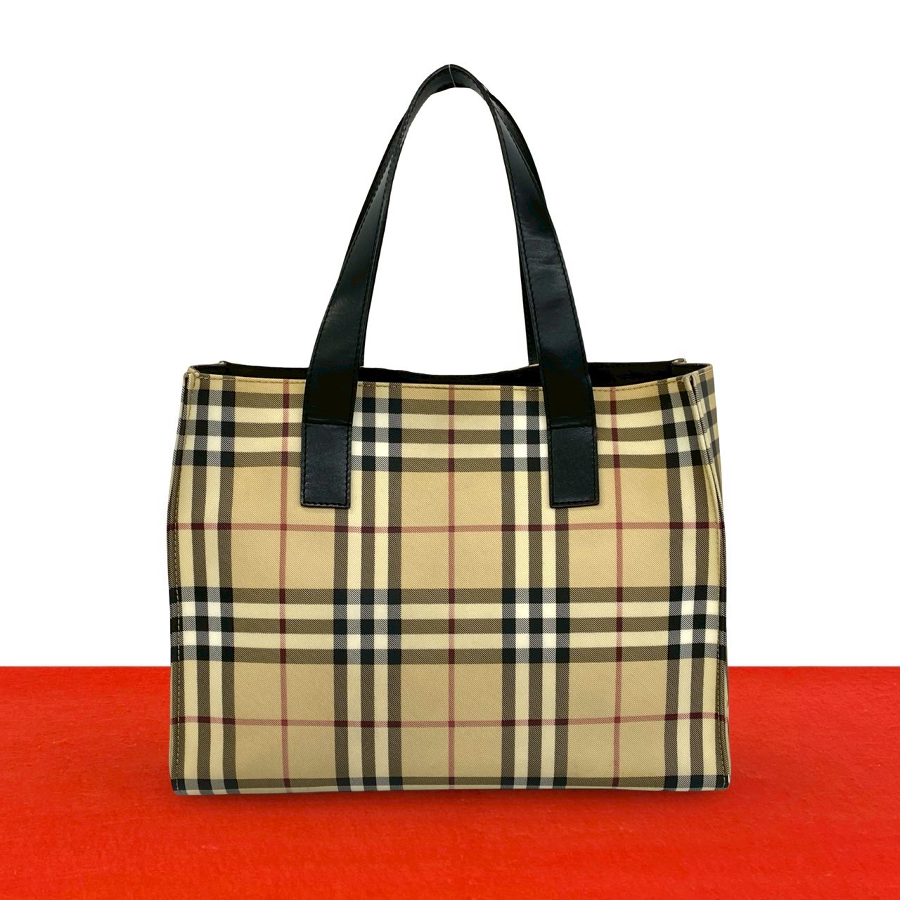 【尖んがり2倍】極 美品 BURBERRY バーバリー ノバチェック 柄 なめし革 本革 ハンドバック トートバッグ 商行為御徒面子 ベージュ 黒いこと 93325 【貨物輸送無料】【中古】