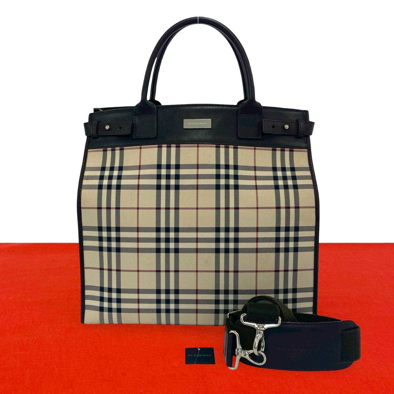 【尖んがり2倍】極 美品 BURBERRY バーバリー ノバチェック 柄 ロゴタイプ 金具 帆布 なめし革 本革 2way ハンドバック ショルダーバッグ 赤銅色 30760【貨物輸送無料】【中古】