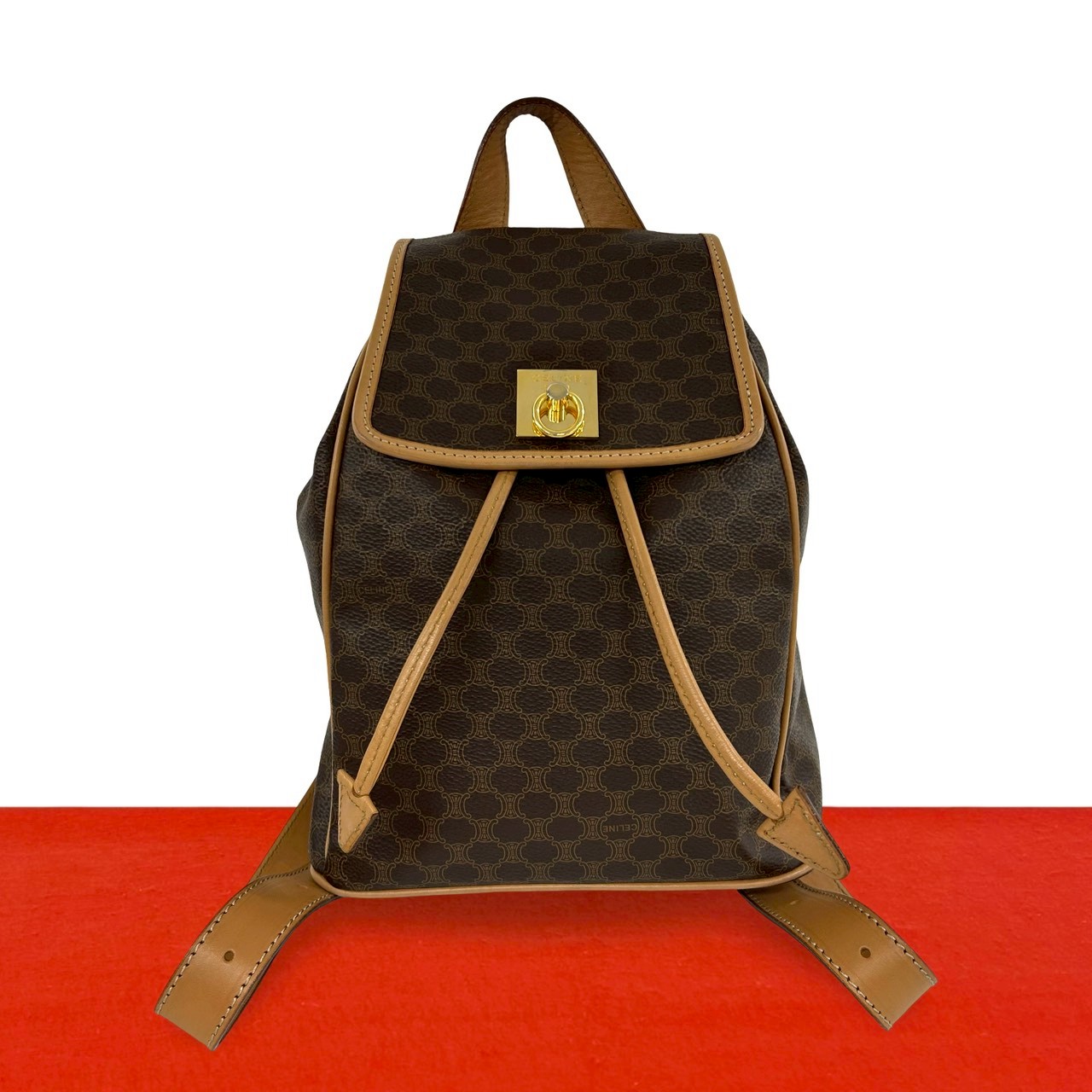 【尖んがり2倍】極 美品 CELINE セリーヌ ヴィンテージ マカダム ブラゾン トリオンフ 柄 ロゴタイプ 輪っか金具 なめし革 背嚢 デイパック 赤銅色【貨物輸送無料】【中古】