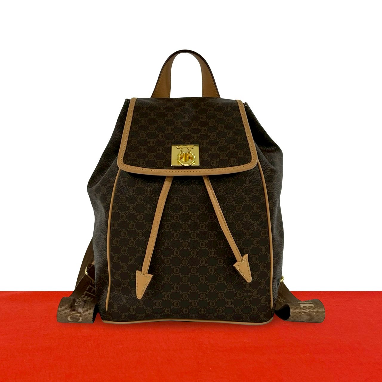 【尖んがり2倍】極 美品 CELINE セリーヌ ヴィンテージ マカダム ブラゾン トリオンフ 柄 ロゴタイプ 輪っか金具 なめし革 背嚢 赤銅色 38566【貨物輸送無料】【中古】