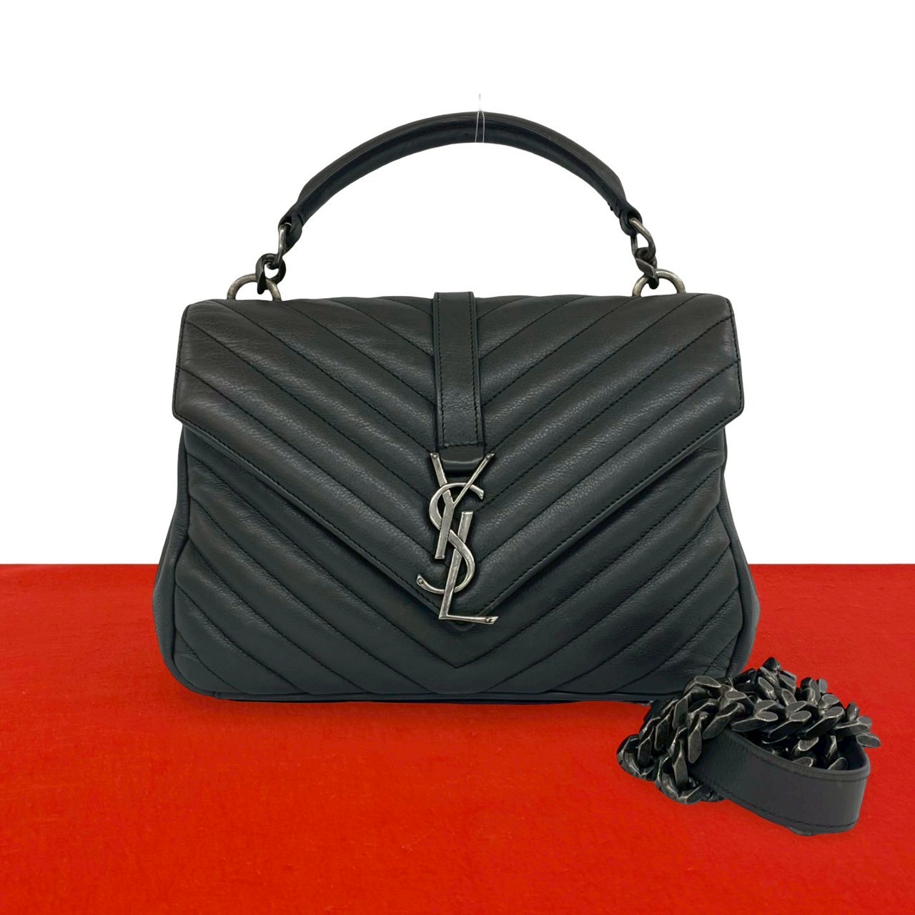 【尖んがり2倍】極 美品 SAINT LAURENT PARIS サンローランパリ 単科大学 YSL ロゴタイプ 金具 編み目 なめし革 本革 2way ハンドバック ショルダーバッグ 薄墨色【貨物輸送無料】【中古】