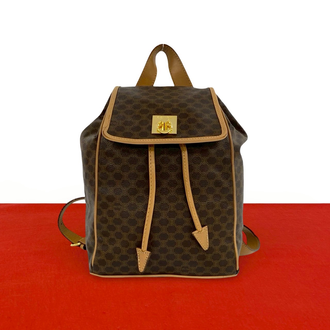 【尖んがり2倍】極 美品 CELINE セリーヌ ヴィンテージ マカダム ブラゾン トリオンフ 柄 ロゴタイプ 輪っか金具 なめし革 背嚢 赤銅色 茶 92831 【貨物輸送無料】【中古】