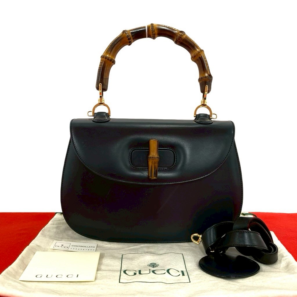 【尖んがり2倍】極 美品 GUCCI グッチ 年寄りのグッチ ヴィンテージ バンブー なめし革 本革 2way ハンドバック ショルダーバッグ 黒いこと 黒 84898【貨物輸送無料】【中古】