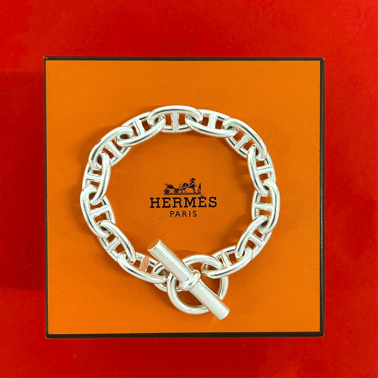 【尖んがり2倍】極 美品 保護すること箱付 HERMES エルメス シェーヌダンクル GM 腕輪 13一こま 925 バングル 添え物 メンズ しろがね色 40025【貨物輸送無料】【中古】