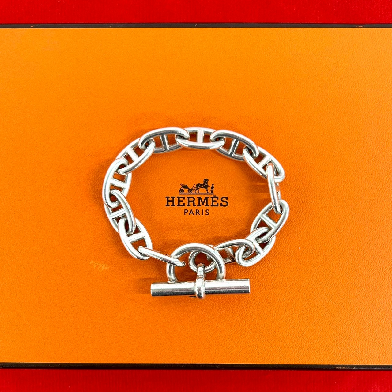【尖んがり2倍】極 美品 HERMES エルメス シェーヌダンクル GM 13一こま 腕輪 しろがね色925 付属物 しろがね色 40011【貨物輸送無料】【中古】