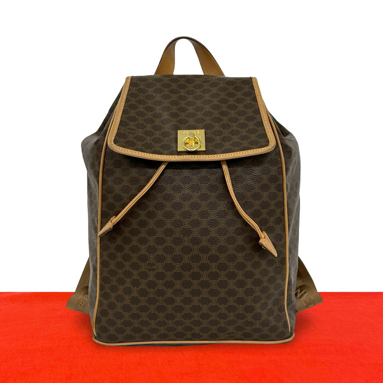 【尖んがり2倍】極 美品 CELINE セリーヌ ヴィンテージ マカダム ブラゾン トリオンフ 柄 ロゴタイプ 輪っか金具 なめし革 本革 背嚢 赤銅色 403-4 【貨物輸送無料】【中古】