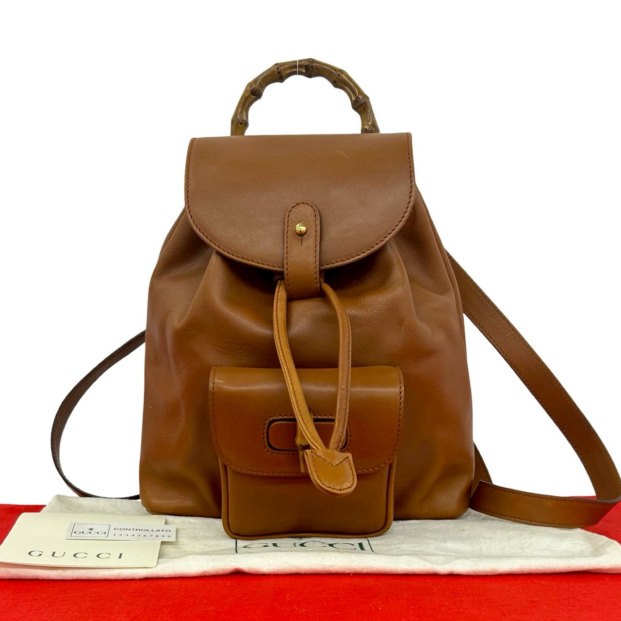 【尖んがり2倍】極 美品 袋付き添い人 GUCCI グッチ 年寄りのグッチ ヴィンテージ バンブー なめし革 本革 合切袋 ミニ 背嚢 デイパック 赤銅色 258-7【貨物輸送無料】【中古】